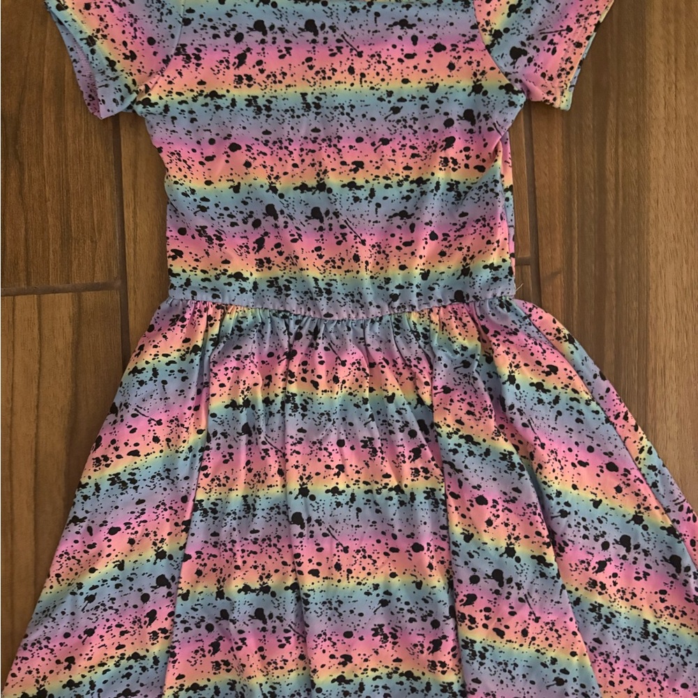 Girls Rainbow Stripe Short Sleeve Dress with Black Splatter - Multicolor